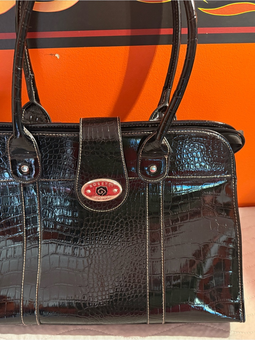 Rosetti Black Croc-Embossed Patent Satchel Laptop Bag